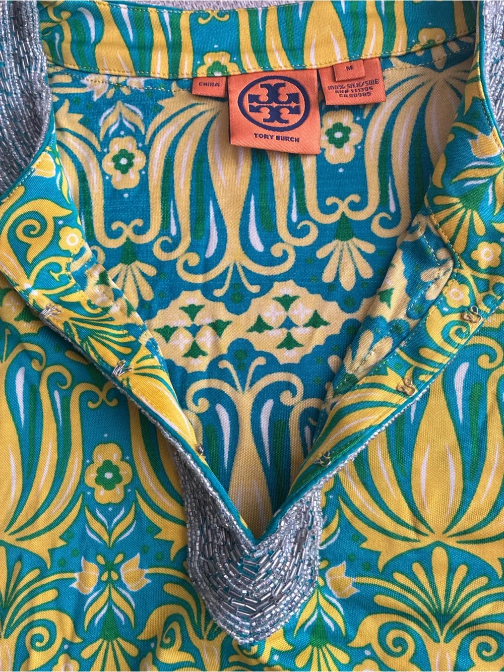 Tory Burch Top Women’s Medium 100% Silk Beaded Blouse Resort Wear Caftan Tunic